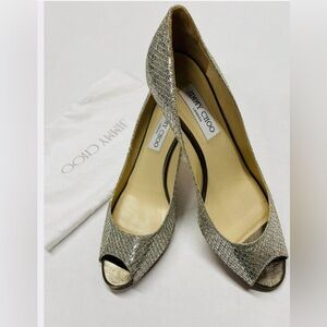 Jimmy Choo Isabel 65 Glitter Peep Toe Pumps Champagne Gold Heels Size 9 EU 40